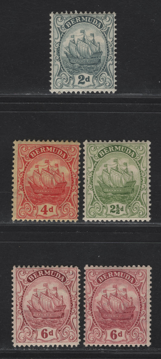 Lot 59 Bermuda SG#80-81, 85-86 2d - 6d Gray - Claret Caravel, 1922-1934 Caravel Issue, 5 F/VFNH Singles, Line Perf 14