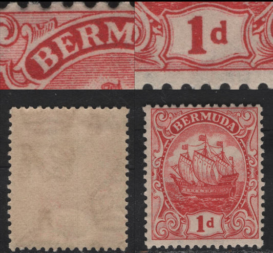 Lot 60 Bermuda SG#78 1d Scarlet Caravel, 1922-1934 Caravel Issue, A FNH Single, Type 1, Unlisted Comb Perf 14, Weak Scroll Above 'BE'.