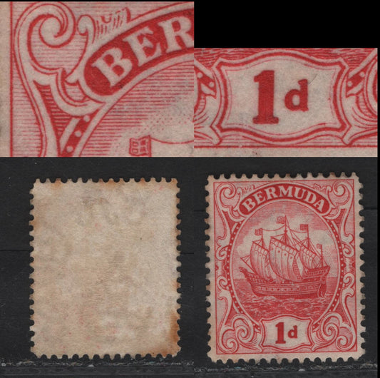 Lot 61 Bermuda SG#78d 1d Scarlet Caravel, 1922-1934 Caravel Issue, A VFOG Single, Script CA Wmk, Type 2 Shows A Weak Scroll Above BE, But The 1 is Thick And Has Squared Serifs, Line Perf 14x13.75.