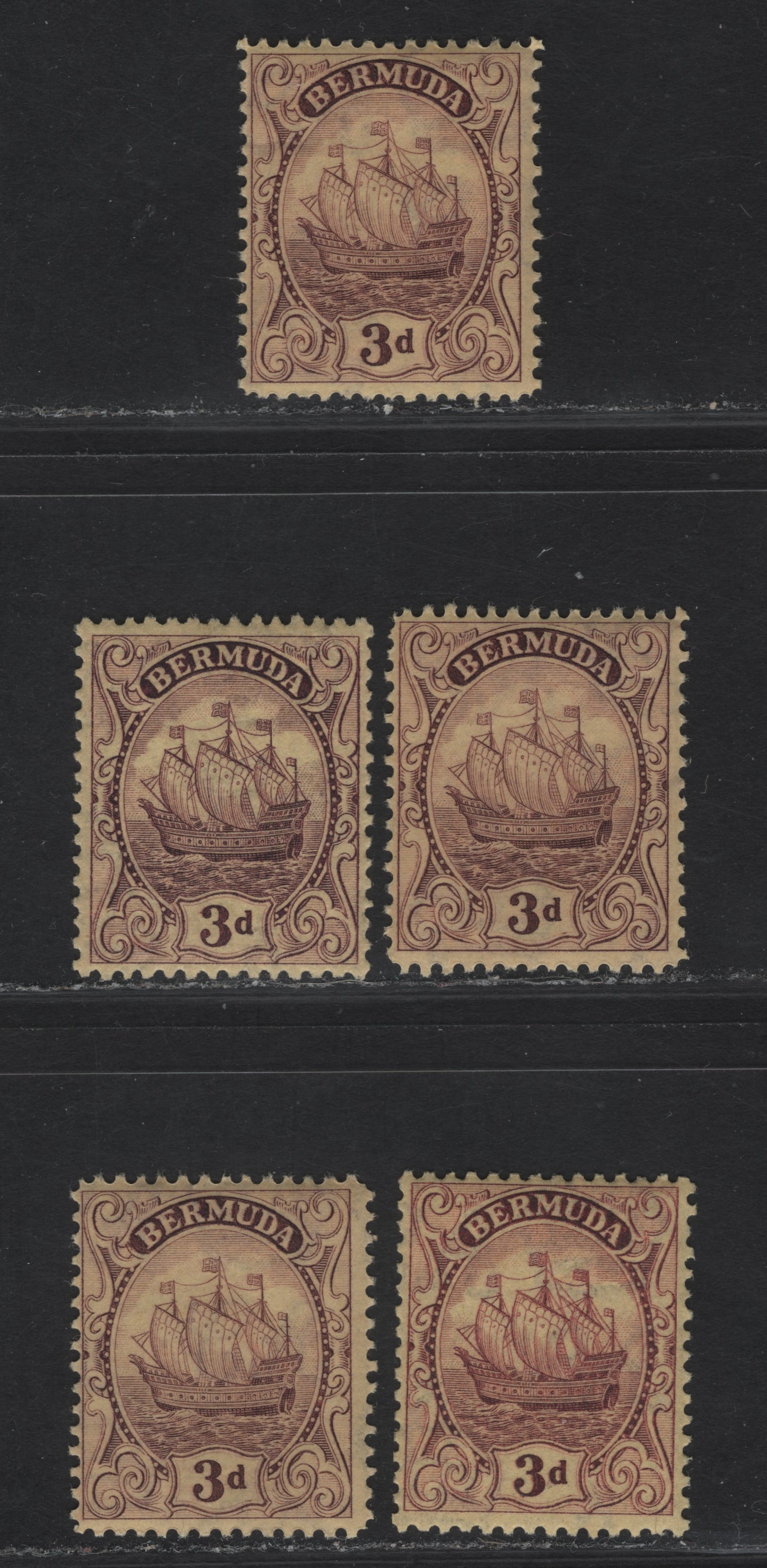Lot 65 Bermuda SG#84 3d Purple On Yellow Caravel, 1922-1934 Caravel Issue, 5 F/VFNH Singles, Several Different Parintings & Perfs