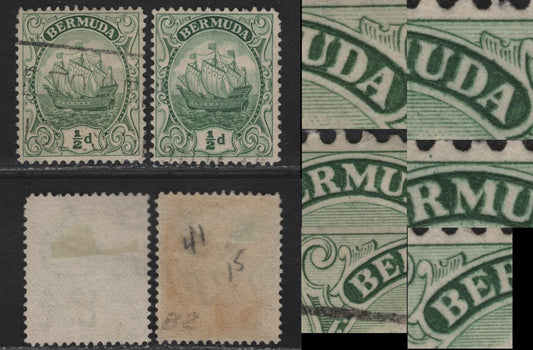 Lot 66 Bermuda SG#77a 1/2d Green Caravel, 1922-1934 Caravel Issue, 2 Fine/Very Fine Used Singles, Line Perf 13.75x14, BothShowing Major Re-Entry In UR Corner & M,B,E Of Bermuda
