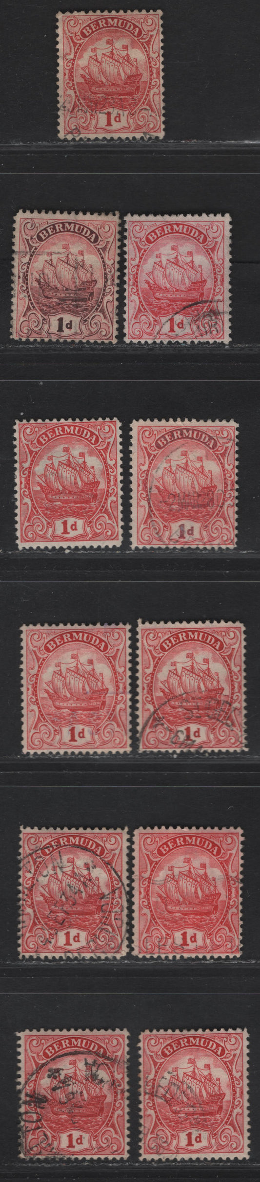 Lot 68 Bermuda SG#78-a,c,d, 79-a 1d Scarlet - Carmine Caravel, 1922-1934 Caravel Issue, 11 Fine/Very Fine Used Singles, Various Dies & Perfs