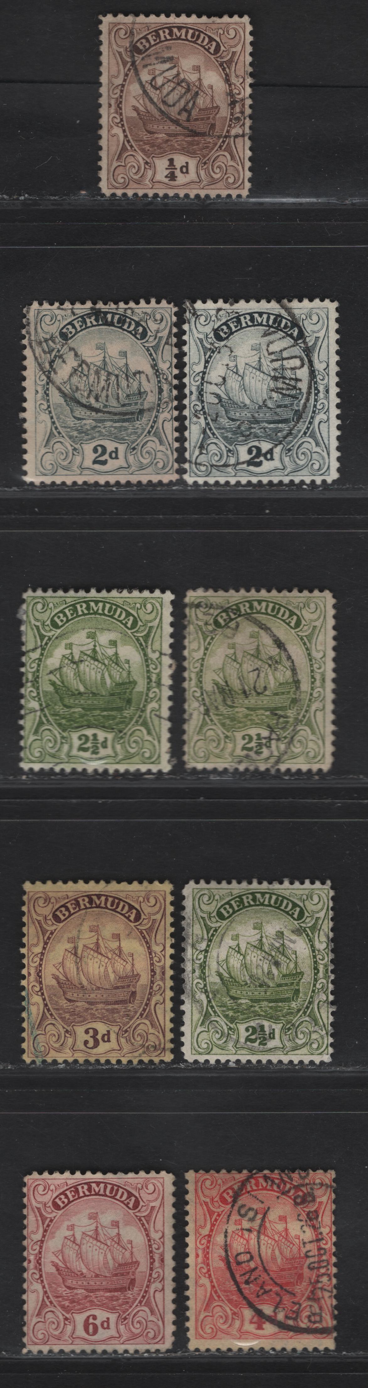 Lot 69 (C) Bermuda SG#77, 80-81a, 84-86 1/4d - 6d Brown - Purple Caravel, 1922-1934 Caravel Issue, 9 Fine/Very Fine Used Singles, Various perfs