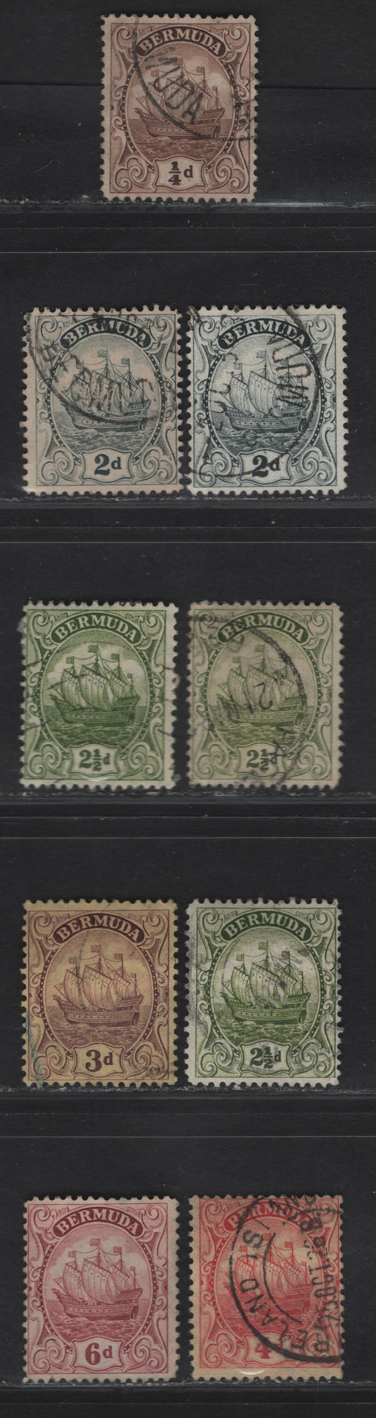 Lot 69 (C) Bermuda SG#77, 80-81a, 84-86 1/4d - 6d Brown - Purple Caravel, 1922-1934 Caravel Issue, 9 Fine/Very Fine Used Singles, Various perfs