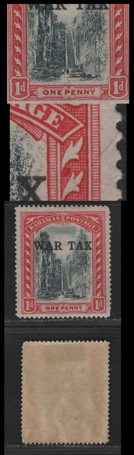 Lot 6 Bahamas #93var 1d Black & Red, 1918 War Tax Issue, A FOG Single Showing Two Diagonal Plate Cracks. Unlisted In Gibbons