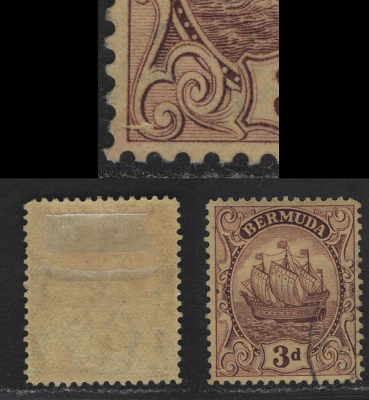 Lot 70 Bermuda SG#84var 3d Purple on Yellow Caravel, 1922-1934 Caravel Issue, A VFOG Single, Large Break In Lower Left Scroll, Line Perf 13.75