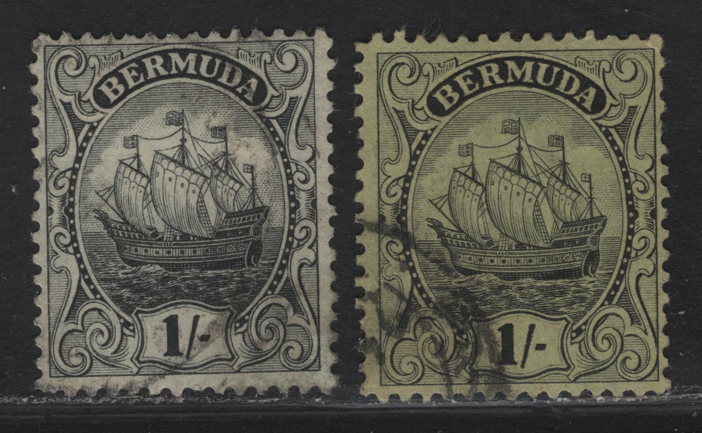 Lot 71 (C) Bermuda SG#87-a 1/- Black on Pale Olive - Brownish Black On Yellow Green Caravel, 1922-1934 Caravel Issue, 2 Fine Used Singles, Line Perfs 13.75x14 & 13.75