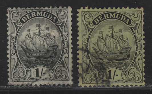 Lot 71 (C) Bermuda SG#87-a 1/- Black on Pale Olive - Brownish Black On Yellow Green Caravel, 1922-1934 Caravel Issue, 2 Fine Used Singles, Line Perfs 13.75x14 & 13.75