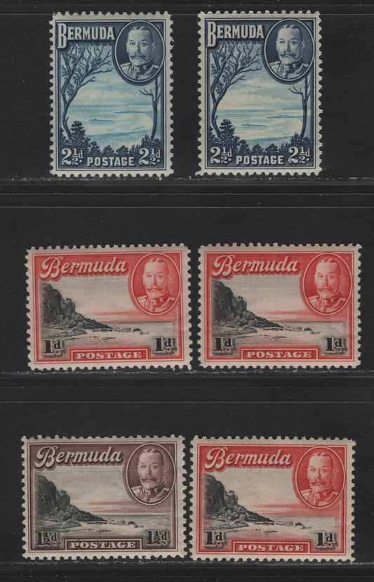 Bermuda SG#99-100, 102 1d - 2.5d Black & Scarlet - Light Bright Blue & Deep Blue South Shore - Grape Bay, 1936-1947 KGV Pictorial Issue, 6 VFNH Singles