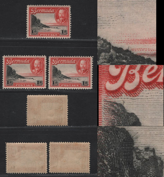 Lot 73 Bermuda SG#99var 1d Black & Scarlet South Shore, 1936-1947 KGV Pictorial Issue, 3 VFNH Singles, Showing Various 'hariline From Cliff' Flaws, All Different Positions, All Unlisted.