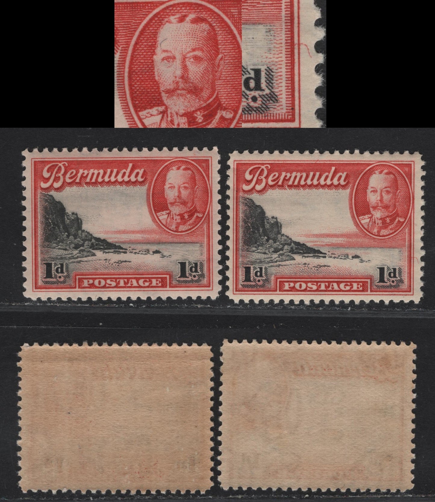 Lot 75 Bermuda SG#99 1d Black & Scarlet - Black & Carmine South Shore, 1936-1947 KGV Pictorial Issue, 2 VFNH Singles, Showing Flaw On Kings Head & Hairline From Frame, Unlisted