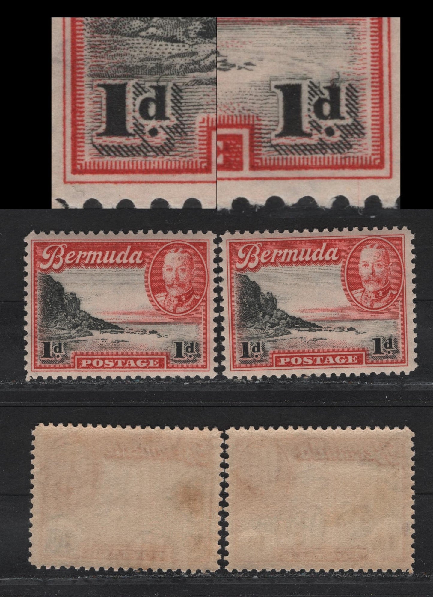 Lot 76 Bermuda SG#99var 1d Black & Rose Scarlet South Shore, 1936-1947 KGV Pictorial Issue, 2 VFNH Singles, Curled Line From Right '1', Curved Line From Left 'd'