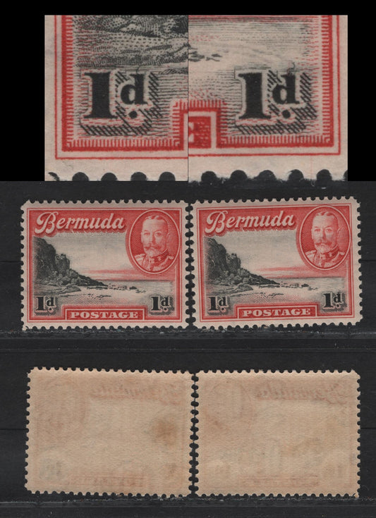 Lot 76 Bermuda SG#99var 1d Black & Rose Scarlet South Shore, 1936-1947 KGV Pictorial Issue, 2 VFNH Singles, Curled Line From Right '1', Curved Line From Left 'd'