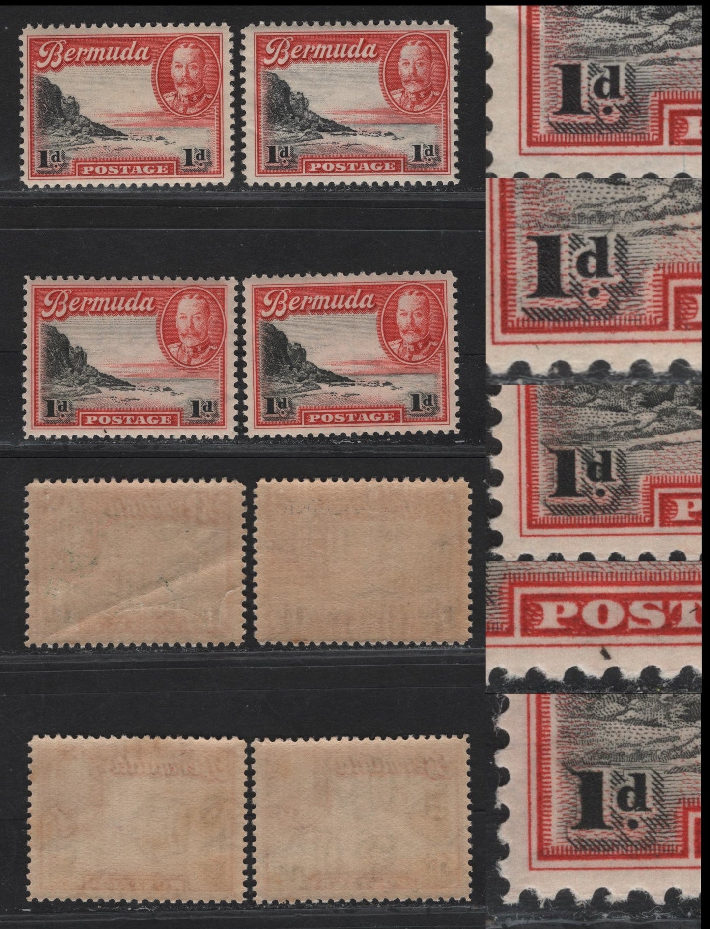 Lot 77 Bermuda SG#99var 1d Black & Scarlet - Black & Deep Scarlet South Shore, 1936-1947 KGV Pictorial Issue, 3 F/VFNH Singles, Showing Various Lines From Left '1d' Flaws, All Unlisted