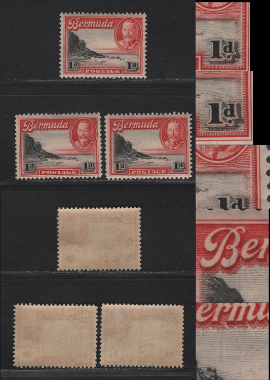 Lot 78 Bermuda SG#99 1d Black & Scarlet South Shore, 1936-1947 KGV Pictorial Issue, 3 VFNH Singles, Showing Vertical Cracked Plate Hairlines, Involving The Central Plate