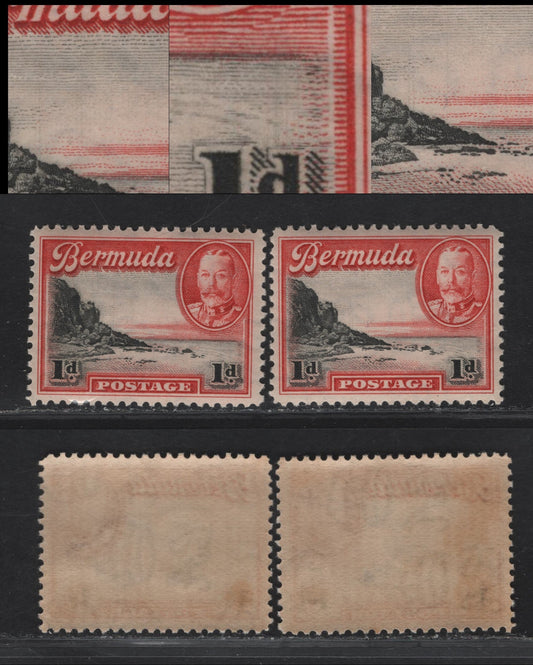 Lot 79 Bermuda SG#99 1d Black & Scarlet South Shore, 1936-1947 KGV Pictorial Issue, 2 VFNH Singles, Showing Vertical Hairline Plate Cracks Involving The Black Center Plate