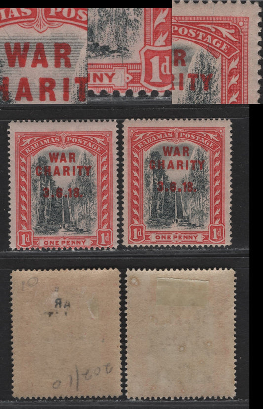 Lot 7 Bahamas #101var 1d, 1919 War Tax Issue, 2 FOG SIngles Showing War Charity Overprint On Queen's Staircase Designs, Both Showng Different Diagonal Plate Cracks Involving The Vignette Plate. Unlisted In Gibbons