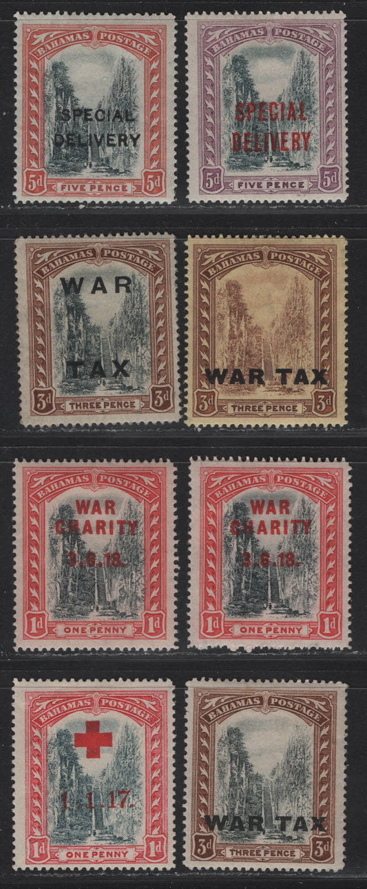 Lot 8 Bahamas #90, 98, 100, 101, 105, S2, S3 1d Grey Black & Deep Carmine Red - 5d Black & Mauve, 1917-1919 War Tax & Special Delivery Overprints On Queen's Staircase Definitives, 8 F & VF OG Singles Including 2 Vignette Plate Shades Of #101