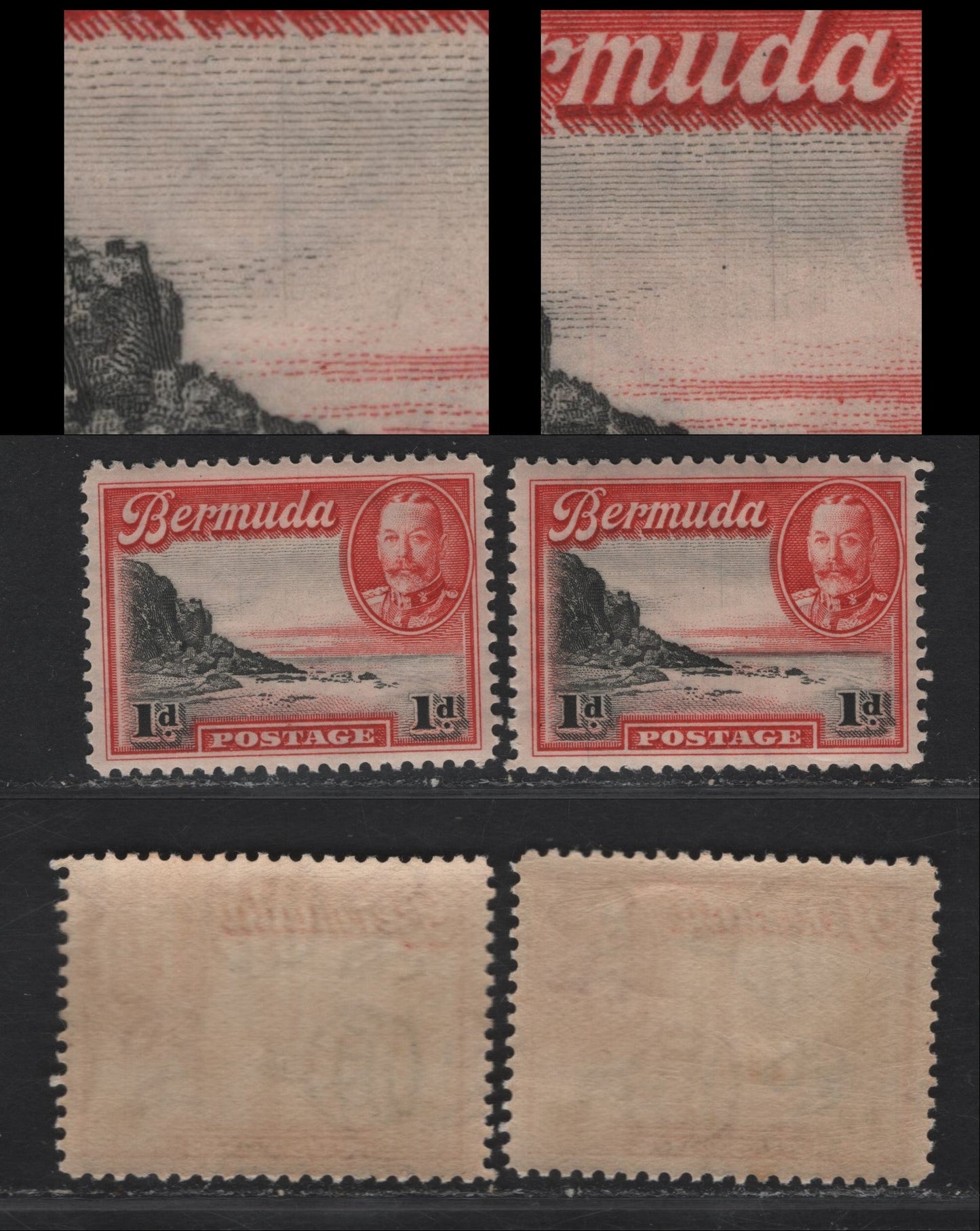 Lot 80 Bermuda SG#99var 1d Black & Scarlet South Shore, 1936-1947 KGV Pictorial Issue, 2 VFNH Singles, Black Vertical Hairline Under the 'M' and 'D' of Bermuda