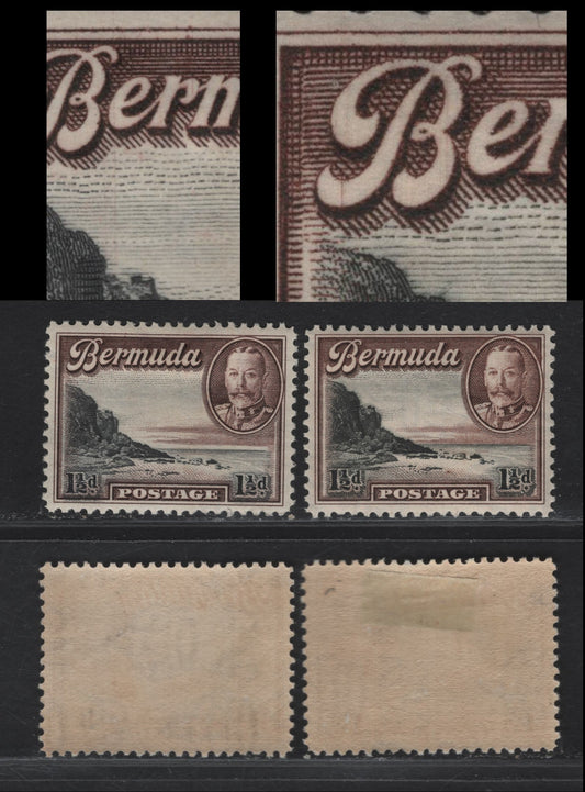 Lot 81 Bermuda SG#100 1.5d Black & Deep Chocolate South Shore, 1936-1947 KGV Pictorial Issue, 2 VFOG/NH Singles, Showing Vertical Hairline Plate Crack Through & Below 'E' of Bermuda, In The Deep Chocolate Color & Through 'B'