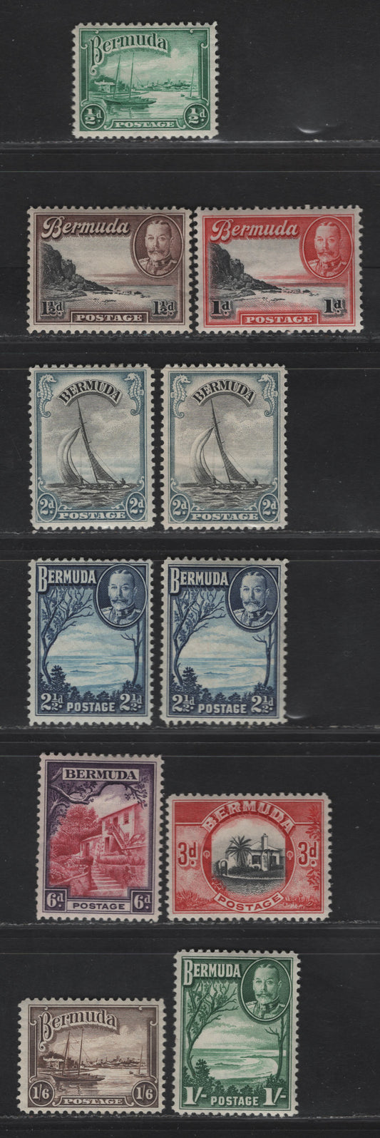 Lot 85 Bermuda SG#98-106 1/2d - 1/6 Emerald Green - Brown Red Hole - Gardener's Cottage, 1936-1947 KGV Pictorial Issue, 11 F/VFOG Singles, Two Shades Each Of 2d & 2.5d