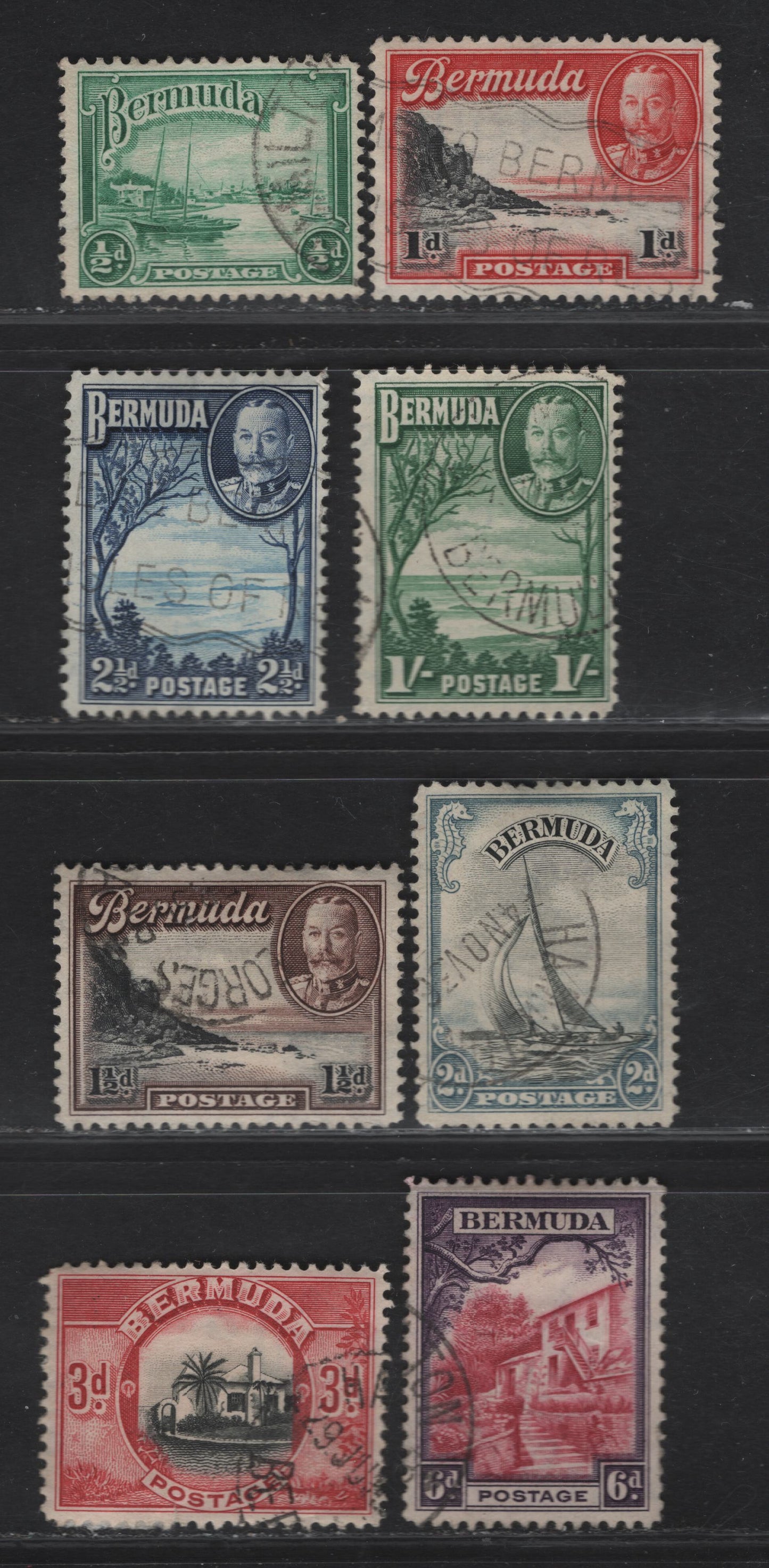 Lot 86 Bermuda SG#98-105 1/2d - 1/- Emerald - Green Red Hole - Gardener's Cottage, 1936-1947 KGV Pictorial Issue, 8 F/VFOG Singles