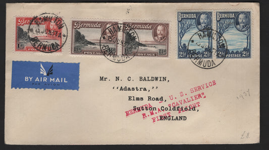 Lot 87 Bermuda SG#99-100, 102 1d - 2.5d Black & Scarlet - Deep Bright Blue South Shore - Grape Bay, 1936-1947 KGV Pictorial Issue, A Very Fine Used Cover, Combination Use On June 1937 First Flight Cover to The UK