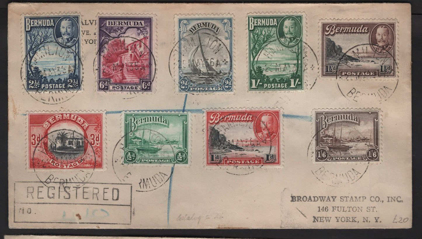 Lot 88 Bermuda SG#98-106 1/2d - 1/6 Emerald - Brown Red Hole - Gardener's Cottage, 1936-1947 KGV Pictorial Issue, A Very Fine Used Cover, Complete Set On 1936 Registered Philatelic Cover To New York