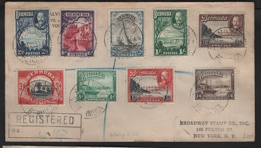 Lot 88 Bermuda SG#98-106 1/2d - 1/6 Emerald - Brown Red Hole - Gardener's Cottage, 1936-1947 KGV Pictorial Issue, A Very Fine Used Cover, Complete Set On 1936 Registered Philatelic Cover To New York