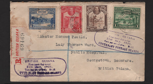Lot 89 British Guiana SG#283-286 1c - 6c Emerald Green - Blue Rice Field - Public Buildings, 1931 Centenary of Country Union Issue, A Very Fine Used Cover, First Day Cover, Sent Locally, Franked With The First 4 Values.