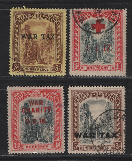 Lot 9 (C)  Bahamas #90, 94, 100, 101 1d Grey & Deep Carmine Red - 1d Grey Black & Carmine Red, 1919 War Tax Overprints On Queen's Staircase Definitives, 4 F & VF Used SIngles