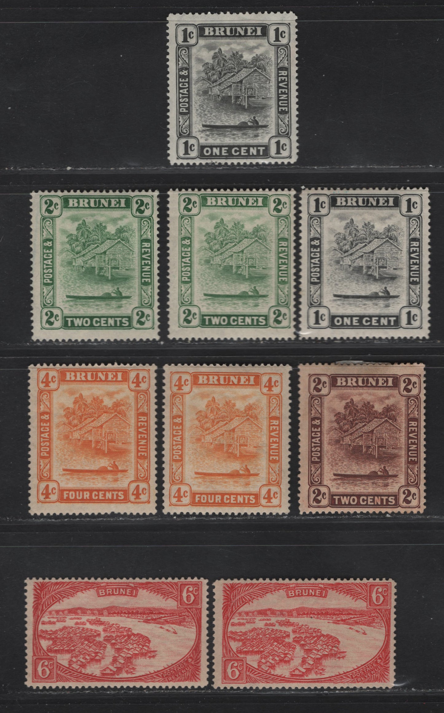 Lot 94 Brunei SG#60-62, 65, 70 1c - 6c Black - Scarlet Brunei River, 1924-1937 River Scene Definitives, 9 F/VFOG Singles, Script CA Wmk, Additional Shades