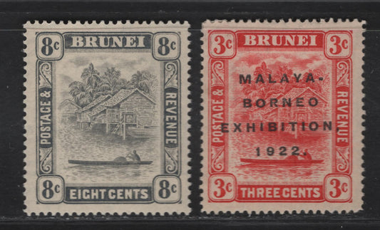 Lot 95 Brunei SG#53, 72 3c - 8c Scarlet - Gray Black River Scene, 1922-1937 Malaya Borneo Exhibition - River Scene Definitive Issues, 2 VFOG Singles
