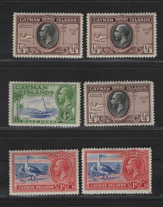 Lot 97 Cayman Islands SG#96-98 1/4d - 1d Black & Brown - Ultramarine & Scarlet Cayman Islands - Red-footed Booby, 1935 Pictorial Issue, 6 VFOG Singles, Additional Shades