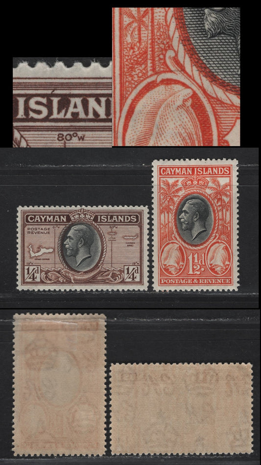 Lot 98 Cayman Islands SG#96var, 99var 1/4d - 1.5d Black & brown - Black & Orange Cayman Islands - Queen or Pink Conch Shells, 1935 Pictorial Issue, 2 VFOG Singles, Showing Accent Between IS of Islands on 1/4d, Showing Black Line Through Top of Left Scroll