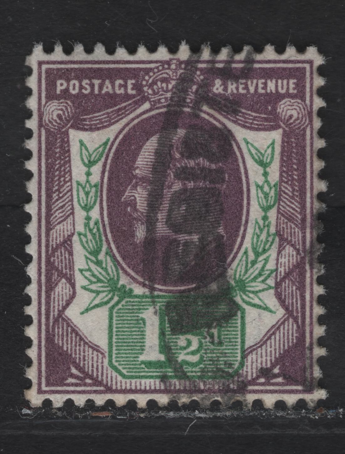 Great Britain SC#129cvar (SG#288var ( Spec M10(7))) 1.5d Slate Purple & Bright Green King Edward VII, 1902-1910 King Edward VII Issue, A Very Fine Used Single, Somerset House Printing.