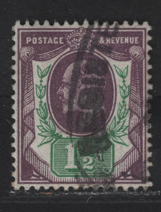 Great Britain SC#129cvar (SG#288var ( Spec M10(7))) 1.5d Slate Purple & Bright Green King Edward VII, 1902-1910 King Edward VII Issue, A Very Fine Used Single, Somerset House Printing.