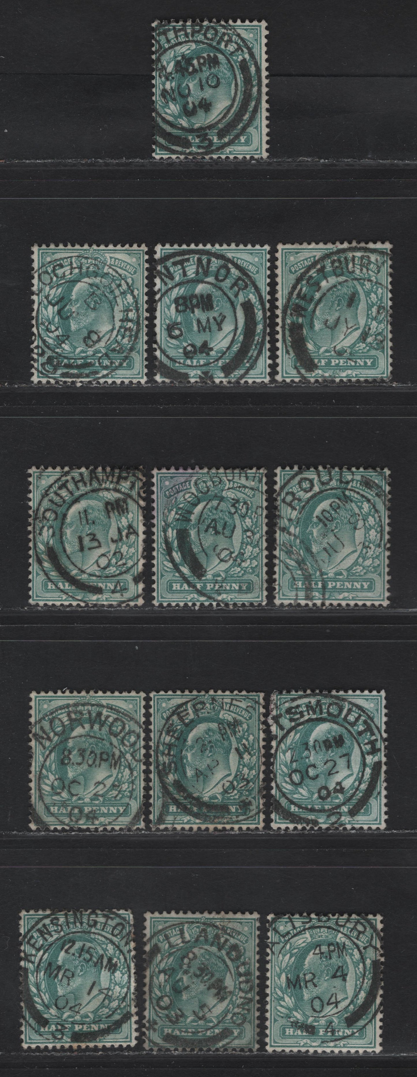 Lot 10 Great Britain SC#127-127a (SG#216 (Spec M1(1) - M1(3))) 1/2d Blue Green - Dull Blue Green King Edward VII, 1902-1910 King Edward VII Issue,  Fine/Very Fine Used Singles, Single Bar Barell CDS Cancels.