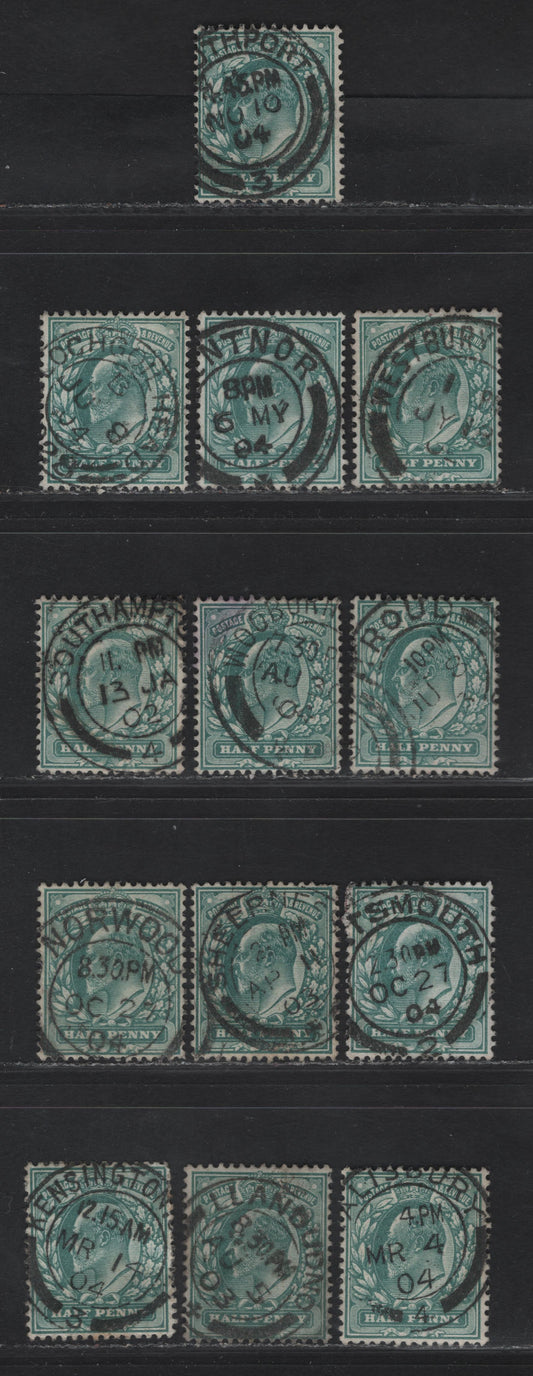 Lot 10 Great Britain SC#127-127a (SG#216 (Spec M1(1) - M1(3))) 1/2d Blue Green - Dull Blue Green King Edward VII, 1902-1910 King Edward VII Issue,  Fine/Very Fine Used Singles, Single Bar Barell CDS Cancels.