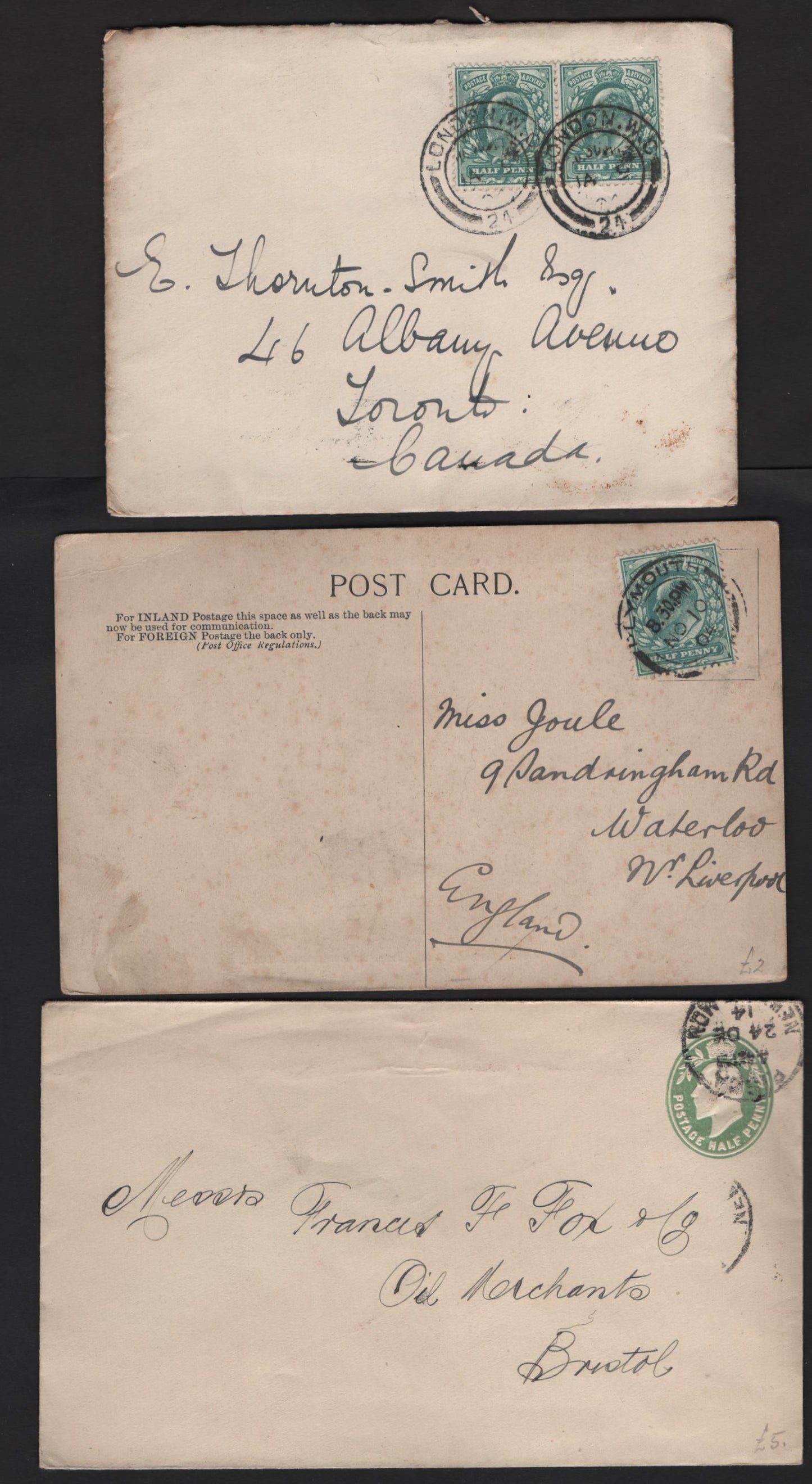Lot 1 Great Britain Gibbons Specialized#M1(3) (SC#127a)1/2a Deep Blue Green - Yellow Green King Edward VII, 1902-1910 King Edward VII Issue, 2 Very Fine Used Covers, Single & Dual Usage Covers, Sent Between 1904-1914