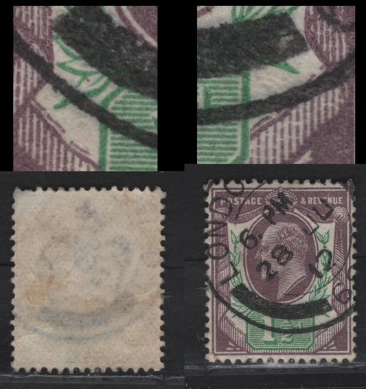Lot 103 Great Britain SC#129cvar (SG#289var) 1.5d Slate Purple & Bright Green King Edward VII, 1902-1910 King Edward VII Issue, A Very Fine Used Single, Somerset House Printing, Broken Lines Above Curtain Fringes At Bottom, June 28 1912 London CDS.