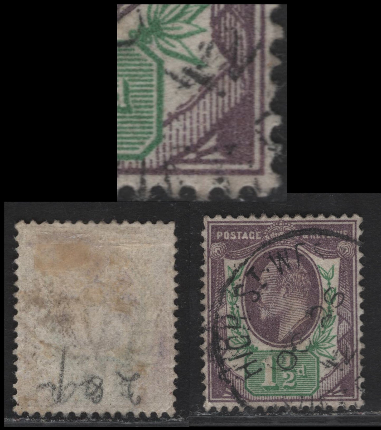 Lot 106 Great Britain SC#129c (SG#288) 1.5d Dull Purple & Bright Green, 1902-1910 King Edward VII Issue, A Very Fine Used Single, Somerset House Printing, Showing Breaks In The Line Bordering The Curtain Fringe At LR, October 28 1912 High St CDS.