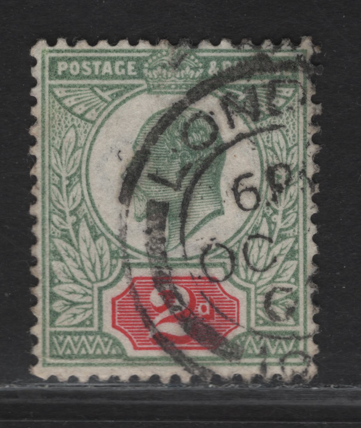 Lot 110 Great Britain SC#130avar (SG#225var) 2d Dull Green & Carmine King Edward VII, 1902-1910 King Edward VII Issue, A Very Fine Used Single, DLR Printing.