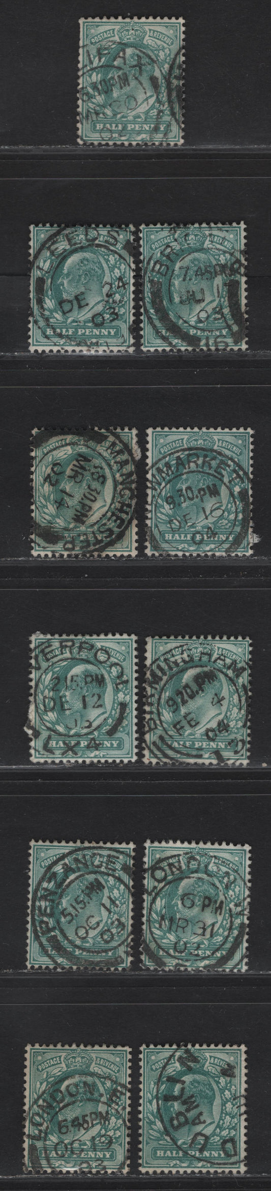 Lot 11 Great Britain SC#127a (SG#216 (Spec M1(1) - M1(3))) 1/2d Deep Blue Green - Blue Green King Edward VII, 1902-1910 King Edward VII Issue,  Fine/Very Fine Used Singles, Single Bar Barell CDS Cancels, More Common Towns