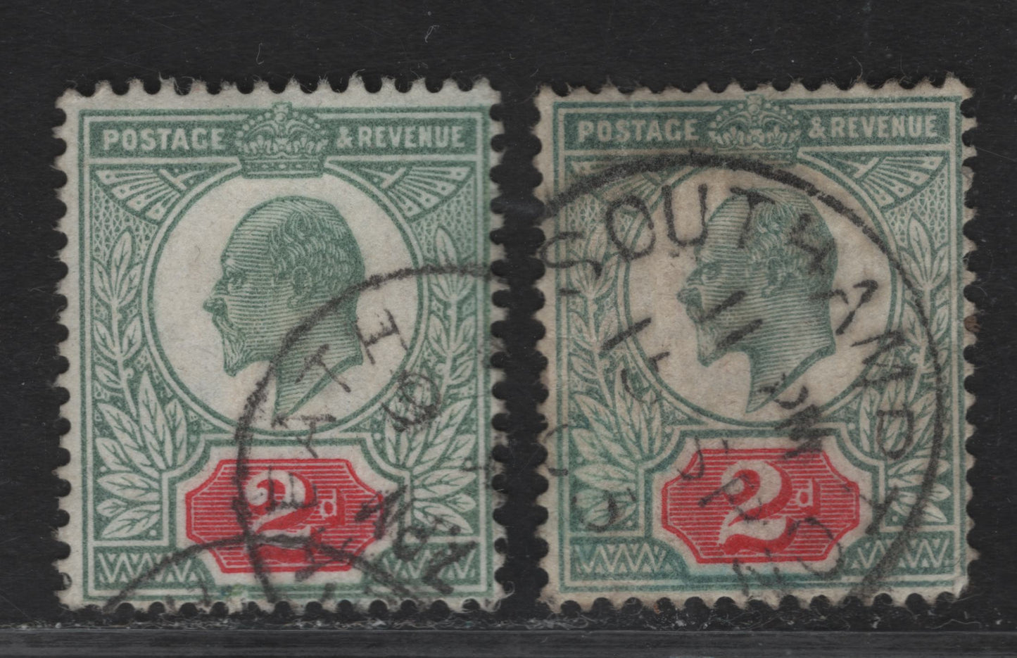 Lot 111 Great Britain SC#130a (SG#226) 2d Gray Green & Carmine - Gray Green & Carmine King Edward VII, 1902-1910 King Edward VII Issue, 2 Fine Used Singles, DLR Printing, Ordinary Paper (Post 1904), Carmine Red Has A Small Amount Of Blueing From Moisture.
