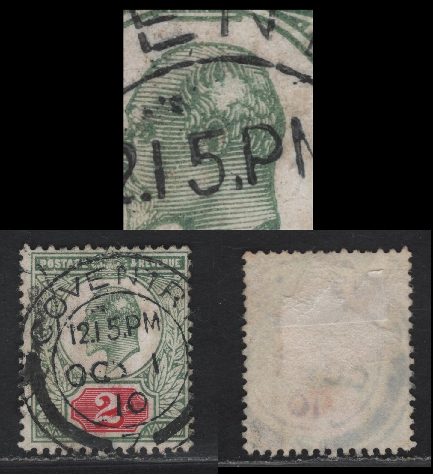 Lot 113 (C) Great Britain SC#130dvar (SG#227var) 2d Pale Gray Green & Carmine Red King Edward VII, 1902-1910 King Edward VII Issue, A Fine Used Single, DLR Printing, Chalky Paper, Large White Patch In Hair - Unlisted.