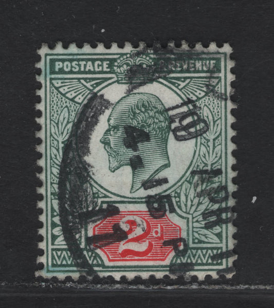 Lot 117 Great Britain SC#130f (SG#229var) 2d Blackish Blue Green & Carmine Red King Edward VII, 1902-1910 King Edward VII Issue, A Very Fine Used Single, DLR Printing, Chalky Paper, Rubber Parcel Hammer Cancel.