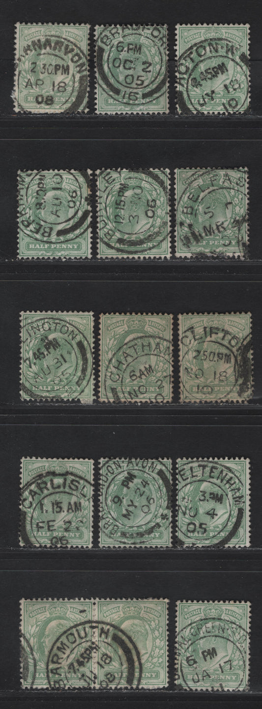 Lot 12 Great Britain SC#143-143a (SG#217-218) 1/2d Yellowish Green - Pale Yellowish Green King Edward VII, 1902-1910 King Edward VII Issue,  Fine/Very Fine Used Singles, Single Line Barell CDS Cancels, A-C Towns & Villages
