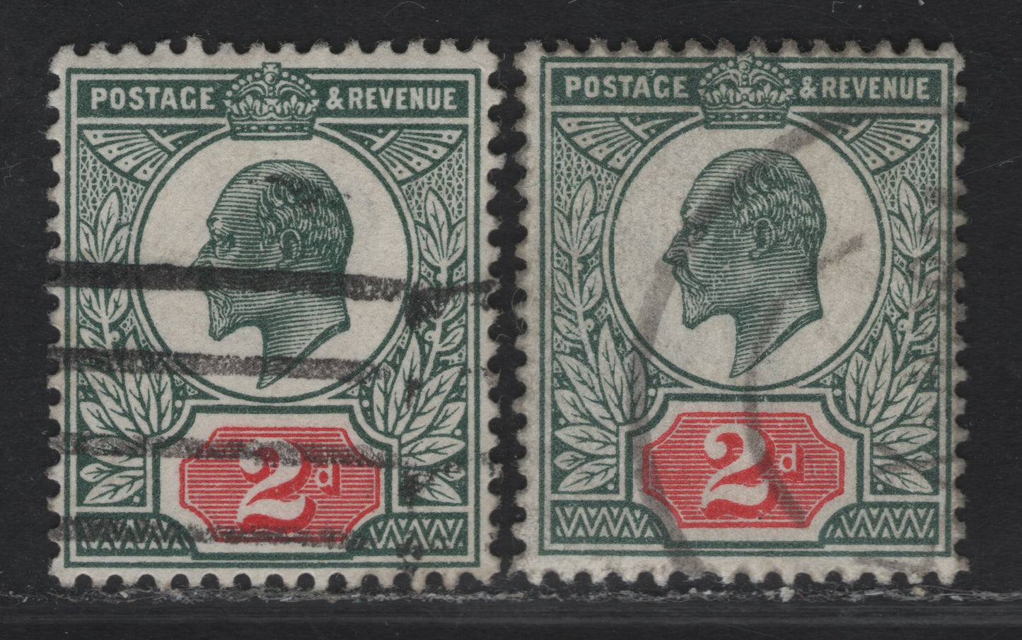 Lot 122A Great Britain SC#130b-c (SG#290-291) 2d Deep Dull Green & Red - Deep Dull Green & Carmine King Edward VII, 1902-1910 King Edward VII Issue, 2 Fine Used Singles, Somerset House Printing.