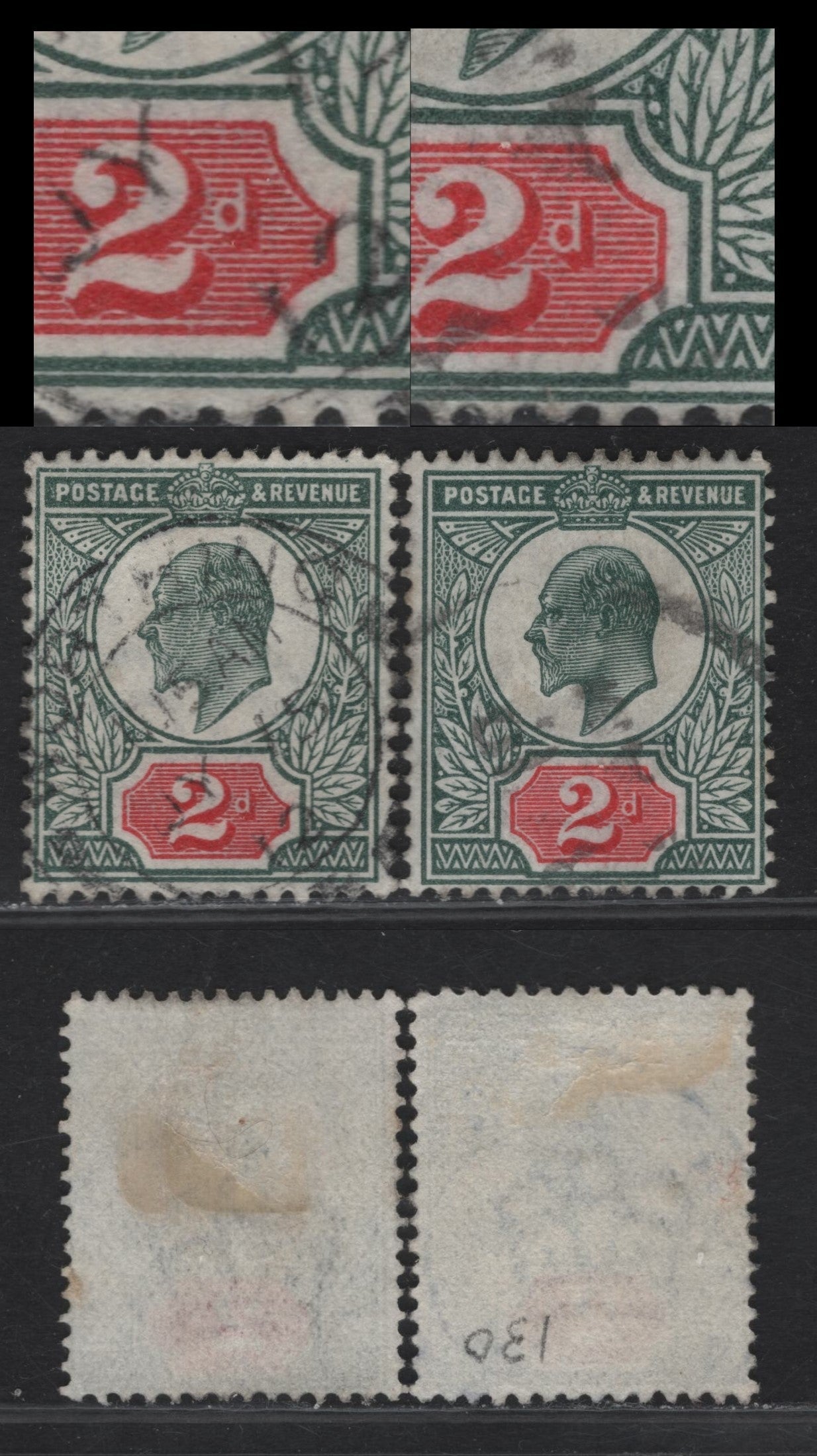 Lot 122 Great Britain SC#130b,var (SG#290, 290a) 2d Deep Dull Green & Red King Edward VII, 1902-1910 King Edward VII Issue, 2 Fine/Very Fine Used Singles, Rare Deformed Tablet Variety With Normal For Comparison.